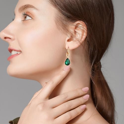 Crystals Teardrop Dangle Drop Earrings, 18K Gold Plated Hoop Earrings Zirconia Jewelry for Women Gifts - color: Green-Long