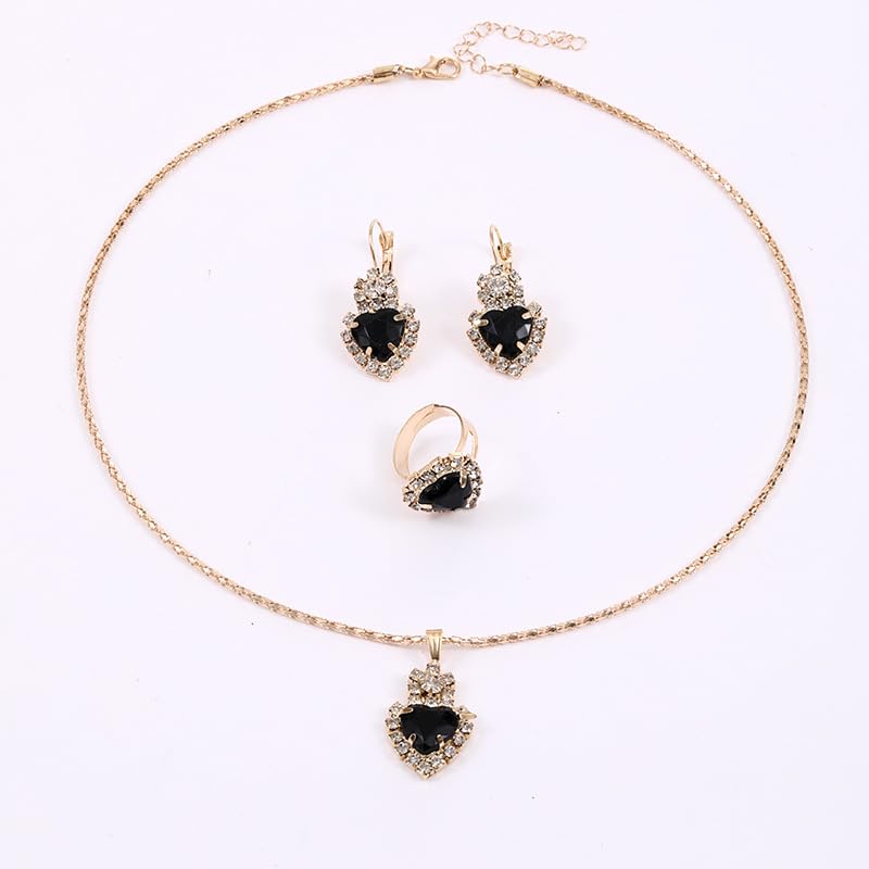 MALOYANVE 4PCS Crystal Heart Jewelry Set Glitter Gold Cubic Zirconia Love Heart Pendant Necklace Lightweight Hoop Earrings Bangle Bracelet Adjustable Open Ring Prom Wedding Jewelry for Women - color: Black