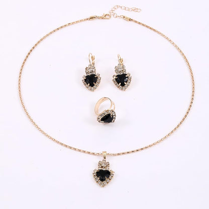 MALOYANVE 4PCS Crystal Heart Jewelry Set Glitter Gold Cubic Zirconia Love Heart Pendant Necklace Lightweight Hoop Earrings Bangle Bracelet Adjustable Open Ring Prom Wedding Jewelry for Women - color: Black