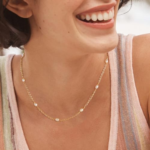 MTMY Beaded Necklaces for Women 14K Gold Plated Dainty Colorful Green/Rose Beaded Pearl Choker Necklace Delicate Boho Choker Necklace Jewelry Gift - style: Oval pearl