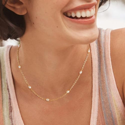MTMY Beaded Necklaces for Women 14K Gold Plated Dainty Colorful Green/Rose Beaded Pearl Choker Necklace Delicate Boho Choker Necklace Jewelry Gift - style: Oval pearl