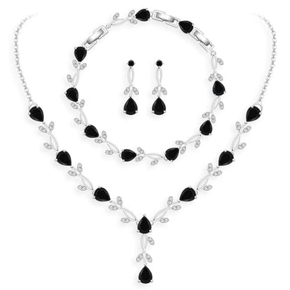 GZWHD Wedding Jewelry Sets for Bride Bridesmaid Women Cubic Zirconia Necklace Earrings Bracelet Set Gift for Mother Friend Wife Daughter Sister Party Prom Jewelry - color: Black