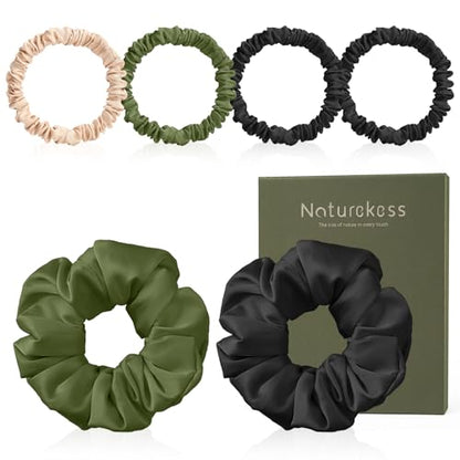 6PCS 100% Mulberry Silk Scrunchies Set, 2 Large and 4 Thin Silk Hair Ties for Women, No Damage Hair Accessories (Black, Olive Green, L) - color: Color 02
