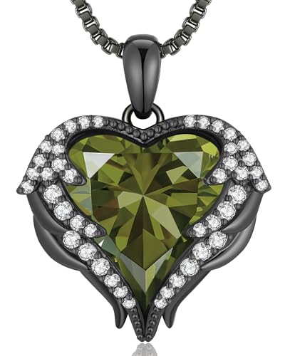 CDE Angel Wings Heart Birthstone Pendant Necklace Gift for Women | Silver/Gold Tone,Ideal Birthday & Anniversary Jewelry Gift for Wife,Girlfriend,Her - color: Black-08-Peridot Green Birthstone