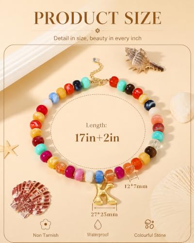 Colorful Chunky Beaded Necklaces for Women Bubble Letter Initial Choker | Boho Statement Bead Necklace, Personalized Rainbow Gemstone Necklaces, Baublebar Gold Necklace Stack, Summer Beach Jewelry - color: Initial K