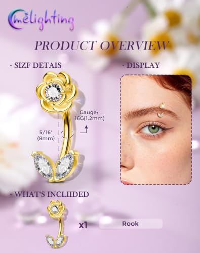 Melighting 16G Flower Rook Piercing Jewelry Marquise Stainless Steel 316L | Delicate Floral Leaf Design, 5A Grade Cubic Zircon, Dainty Eyebrow Piercing - color: Gold, size: 16g8mm
