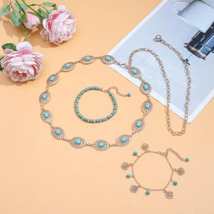 NEWITIN 15 Pieces Gold Bohemian Jewelry Set for Women Turquoise Jewelry Set | Costume Gold Jewelry, Western Jewelry, Belt Chain Necklaces Bracelets Rings Earrings Set for Women Party Daily, Women Gifts - color: Gold