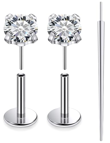 20G 18G 16G F136 Titanium Threadless Flat Back Earrings Nose Studs Tragus Forward Helix Conch Cartilage Lobe Earrings Medusa Labret Snake Bite Monroe Lip Ring Piercing Jewelry For Women Men - size: 20G-6MM Bar-CZ 4MM