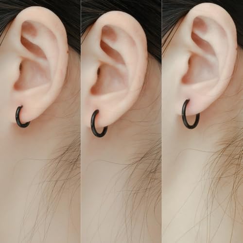 3 Pairs 316L Stainless Steel Small Black Silver Hoop Earrings 8mm 10mm 12mm Hypoallergenic Surgical Earring Cartilage Helix Lobes Hinged Sleeper Ear Jewelry For Men Women - color: black