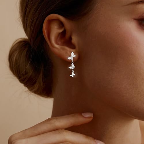 Lunvky 14K Gold Plated Dangle Earrings for Women Dainty Silver Drop Earring Trendy Long Dangling Wedding Bridesmaid Hoop Diamond Crystal Cute Earring Prom Jewelry Birthday Gifts - color: D-1 pair butterfly silver