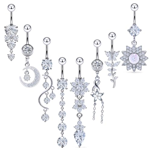 Vsnnsns 14G Dangle Belly Button Ring Piercing Jewelry 316L Stainless Surgical Steel Navel Rings Cubic Zirconia Heart Flower CZ Dangling Belly Button Ring Piercing Jewelry for Women 14 Gauge - color: Silver Tone B