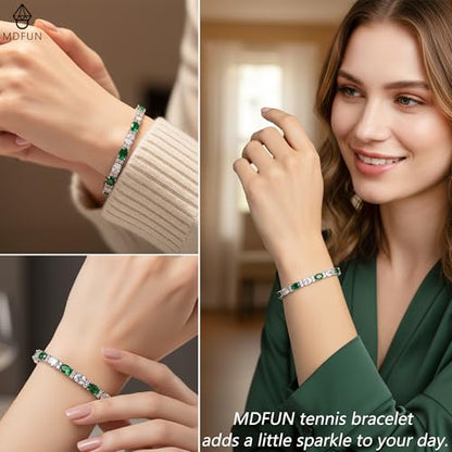MDFUN 18K White/Yellow Gold Plated Green/Blue 5 * 7MM Oval 5A+ Cubic Zirconia Tennis Bracelet for Women Birthstone Jewelry Gift 6.5-8.5 inch - color: 18K White Gold -Green