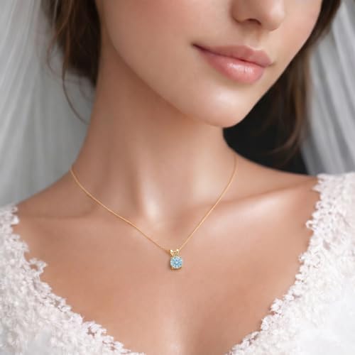 Mariell Cubic Zirconia Crystal Pendant Necklace for Women, 2 Carat 8mm CZ, for Brides, Wedding, Mother's Day Jewelry Gift - color: Gold-Blue Cubic Zirconia