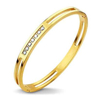 555Jewelry Womens Stainless Steel Fashion CZ Studded Cuff Bangle Bracelet - color: Yellow Gold - Grooved