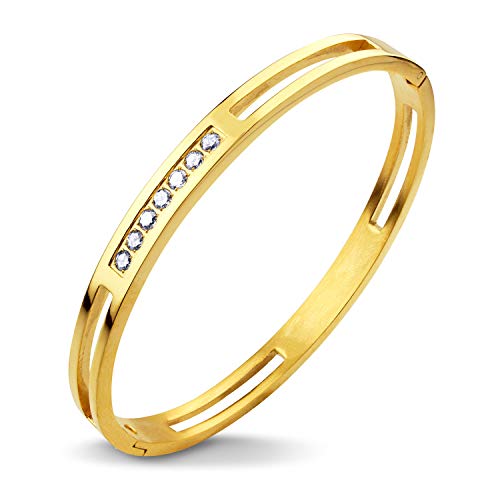 555Jewelry Womens Stainless Steel Fashion CZ Studded Cuff Bangle Bracelet - color: Yellow Gold - Grooved