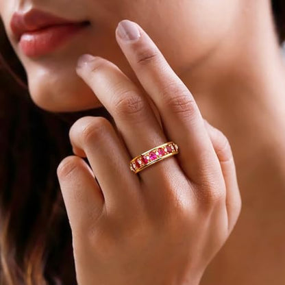 Amethyst Emerald Ruby Sapphire Wedding Band Anniversary Women Rings | 925 Sterling Silve|Hypoallergenic|Standard Size|Ruby|Sapphire|Emerald|Wedding Anniversary Jewelry|Genstone Ring|Holiday Gifts - color: Ruby & Gold