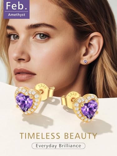 FindChic Birthstone Earrings for Women, Round/Heart/Square/Teardrop Earrings with 925 Sterling Silver Posts & Push Backs, Hypoallergenic Studs with Cubic Zirconia, 12 Months Jewelry with Gift Box - style: 02. February-Amethyst (Heart-Gold)