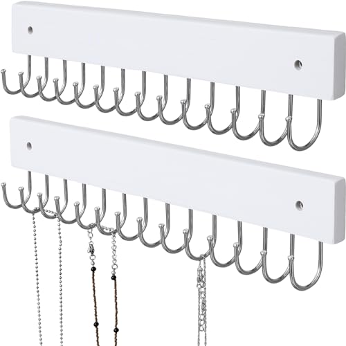 SCUNDA Hanging Jewelry Organizer Wall Mounted, Modern Jewelry Display with 28 Hooks, Decorative Necklace Holder for Wall, Space Saving Necklace Hooks, (2 Packs, White) - color: White