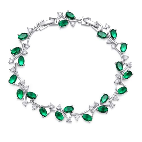 Emerald Green CZ Leaf Vine Tennis Bracelet for Women, Rhodium-Plated Brass, 8" Oval-Cut Cluster Floral Link, 5.1 mm Dainty Sparkle Gift Jewelry