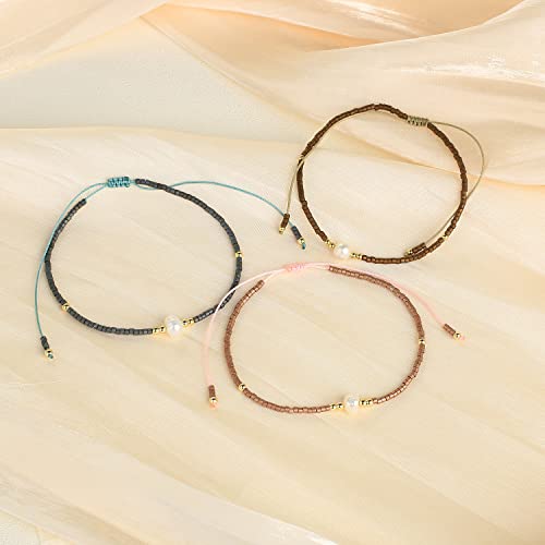 KELITCH 3 PCS Natural Pearls Bracelets Women Strand Thin Rope Friendship Bracelets Handmade Stack Charm Bracelets - color: 02I