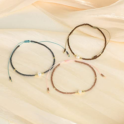 KELITCH 3 PCS Natural Pearls Bracelets Women Strand Thin Rope Friendship Bracelets Handmade Stack Charm Bracelets - color: 02I