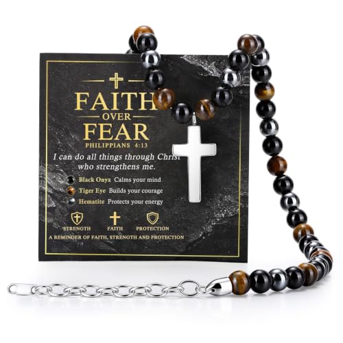 Beaded Cross Necklace Gifts for Men - Triple Protection Black Onyx Obsidian Tiger Eye Natural Stone Necklace Stainless Steel Cross Pendant Stress Relief Balance Faith Jewelry Gifts for Husband Dad Son - color: PHILIPPIANS 4:13
