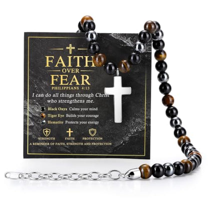 Beaded Cross Necklace Gifts for Men - Triple Protection Black Onyx Obsidian Tiger Eye Natural Stone Necklace Stainless Steel Cross Pendant Stress Relief Balance Faith Jewelry Gifts for Husband Dad Son - color: PHILIPPIANS 4:13