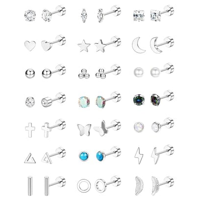 Jstyle 21Pairs Hypoallergenic Flat Back Stud Earrings for Women, Tiny Studs | Surgical Stainless Steel Flatback Earrings, CZ Butterfly Heart Small Stud Earrings Set, Screw Back Cartilage Piercing Jewelry - color: Silver