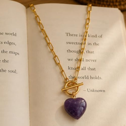 Teardrop CZ Pendant Paperclip Chain Necklace 18K Plated Paperclip Toggle Necklace Jewelry Birthstone Gift for Women - color: Heart Amethyst