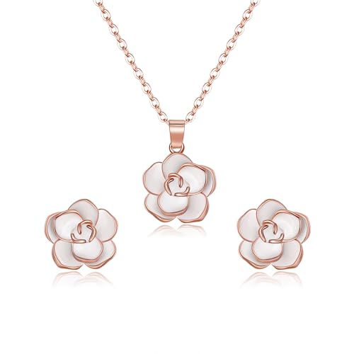 EleQueen Rose Flower Necklace Earrings Bracelet Set for Women - color: White-Rose Gold-Tone