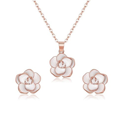 EleQueen Rose Flower Necklace Earrings Bracelet Set for Women - color: White-Rose Gold-Tone