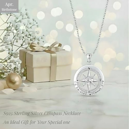 Compass Necklace for Women Wife Girlfriend Mom Daughter Gifts | S925 Silver Jewelry For Anniversary 18K Rose Gold Gifts For Birthday Christmas Mothers Valentines Day 12 Birthstones - style: 04-April-Silver