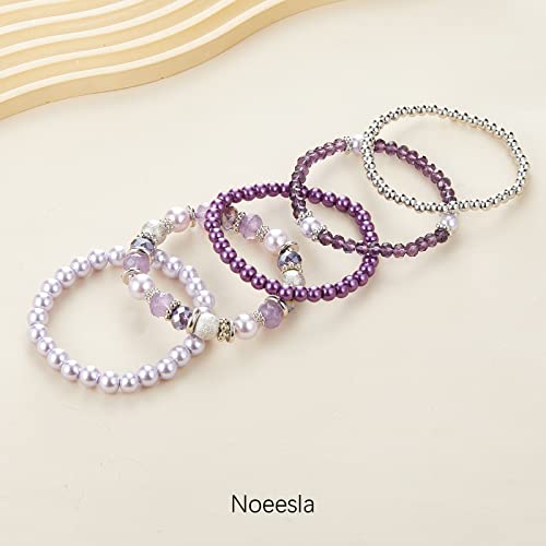 Noessla Beaded Pearl Stretch Bracelet Silver Stackable Crystal Beads Bracelets Trendy Costume Jewelry Mothers Day Gifts for Women - color: Purple