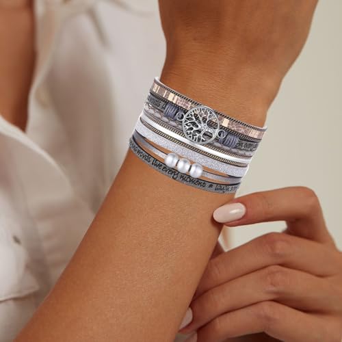 Leather Wrap Bracelets for Women, Boho Leopard Multi-Layer Crystal Beads Cuff Jewelry - color: J-Warp-005