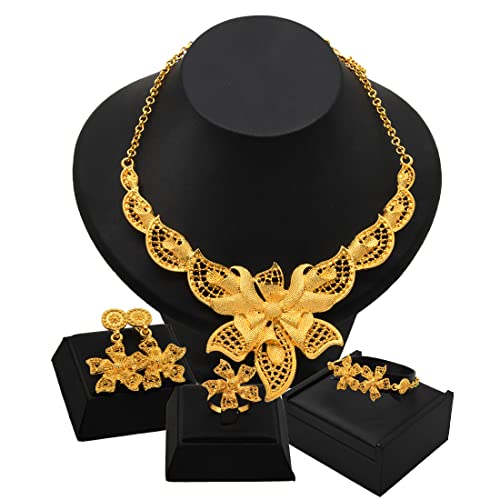 indian Women Jewelry Necklace Set african Dubai Bride Wedding Prom Fashion Jewelry 24K Gold Plated Necklace Bangles Rings Earrings - color: S-58