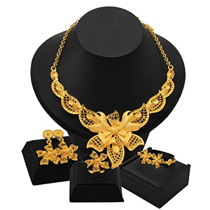indian Women Jewelry Necklace Set african Dubai Bride Wedding Prom Fashion Jewelry 24K Gold Plated Necklace Bangles Rings Earrings - color: S-58