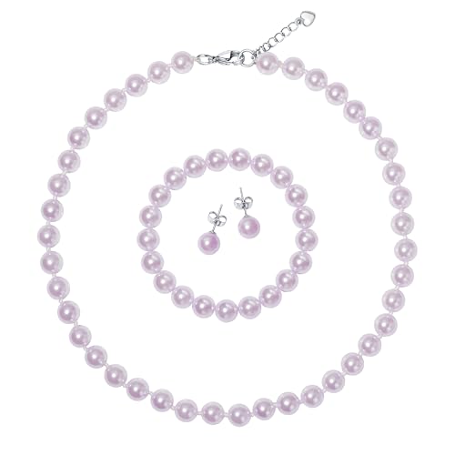 8mm Faux Pearl Necklace Set, Bracelet Earrings for Women & Girls | Glass Material, Handmade Jewelry Detail, Party & Formal Event Style - style: Purple 14.5 inches