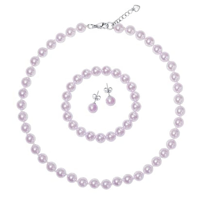 8mm Faux Pearl Necklace Set, Bracelet Earrings for Women & Girls | Glass Material, Handmade Jewelry Detail, Party & Formal Event Style - style: Purple 16 inches