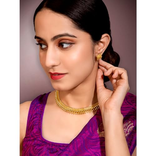 Aheli Bollywood Traditional Gold Tone Short Necklace Earrings Jewelry Set Gift for Women Wedding Party Ethnic Fashion Wear - color: Gold 3