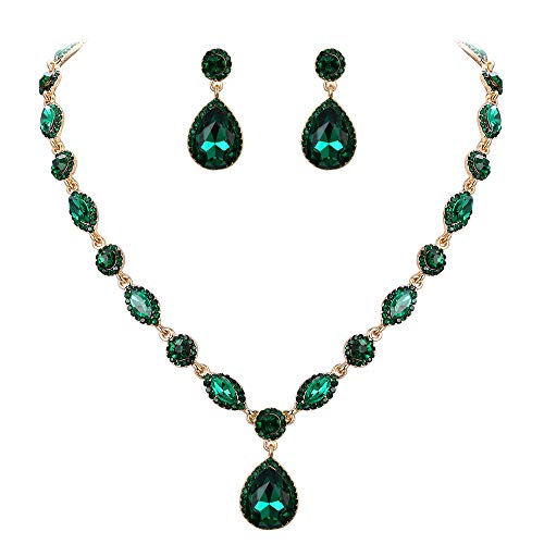EleQueen Women's Teardrop Necklace Earrings Jewellery Set for Party Prom | Wedding Bridal Costume Jewelry Set for Brides Bridesmaids, Crystal Teardrop Necklace Dangle Earrings - color: Emerald Color Gold-Tone