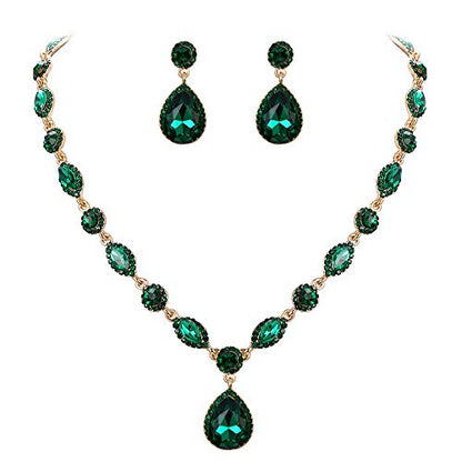EleQueen Women's Teardrop Necklace Earrings Jewellery Set for Party Prom | Wedding Bridal Costume Jewelry Set for Brides Bridesmaids, Crystal Teardrop Necklace Dangle Earrings - color: Emerald Color Gold-Tone