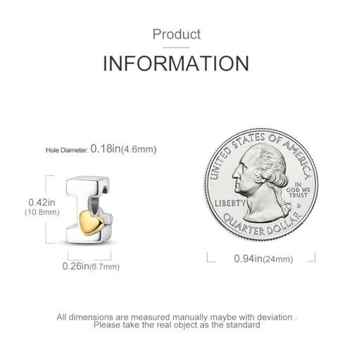 925 Sterling Silver Letter Charms A-Z for Bracelet Necklace Alphabet Bead | Heart letter A B C D G J charm initial gold Pendant beads Jewelry Gift for Women - color: Letter I