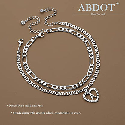 Initial Ankle Bracelets for Women 2pcs 18K Gold Plated Handmade Layered Letter Heart Figaro Chain Flat Mariner Anklets for Women Cute Summer Beach Foot Jewelry - style: Silver-F