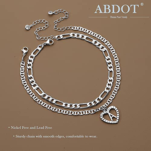 Initial Ankle Bracelets for Women 2pcs 18K Gold Plated Handmade Layered Letter Heart Figaro Chain Flat Mariner Anklets for Women Cute Summer Beach Foot Jewelry - style: Silver-B