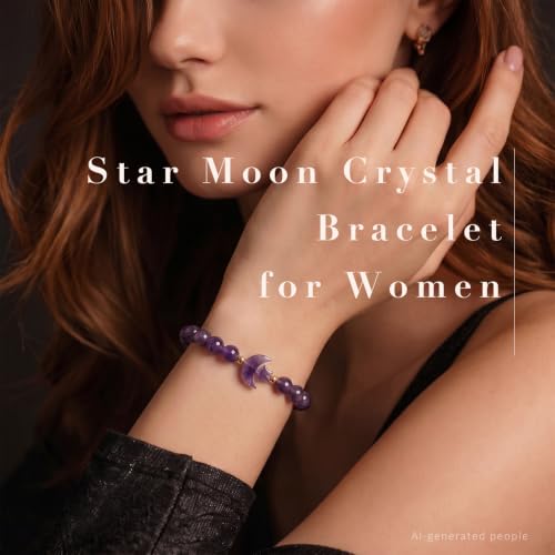 TUMBEELLUWA Half Moon Star Crystal Bracelet for Women Men | 8mm Beads Healing Crystal Bracelets, Elastic Stretch Design, Dainty Boho Celestial Jewelry, Daily Wear & Spiritual Gift