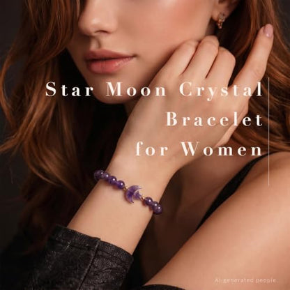TUMBEELLUWA Half Moon Star Crystal Bracelet for Women Men | 8mm Beads Healing Crystal Bracelets, Elastic Stretch Design, Dainty Boho Celestial Jewelry, Daily Wear & Spiritual Gift