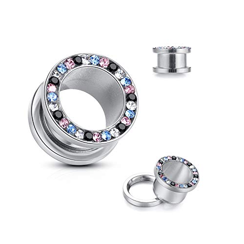 WBRWP 2pcs Hollow Gold Stainless Steel with Zircon Ear Plugs Tunnels - Ear Expander - Ear Gauges Stretcher Body Piercing Jewelry 8g-5/8 - color: Silver color with colorful CZ