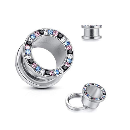 WBRWP 2pcs Hollow Gold Stainless Steel with Zircon Ear Plugs Tunnels - Ear Expander - Ear Gauges Stretcher Body Piercing Jewelry 8g-5/8 - color: Silver color with colorful CZ