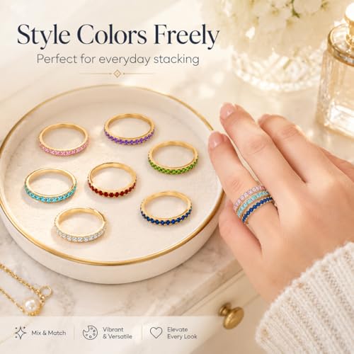 Birthstone Rings For Women, Silver Stackable Cubic Zirconia Stainless Steel Birth Stone Ring To My Daughter/Mom Birthday Unique Gifts Jewelry - color: 05-Gold-May