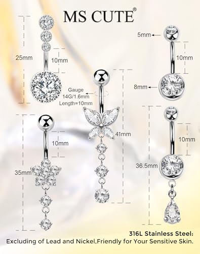 5PCS Belly Button Rings for Women Girls, 14G Surgical Steel Navel Rings Set, Gold & Silver CZ Dangle Body Piercing Jewelry - color: Silver-Butterfly